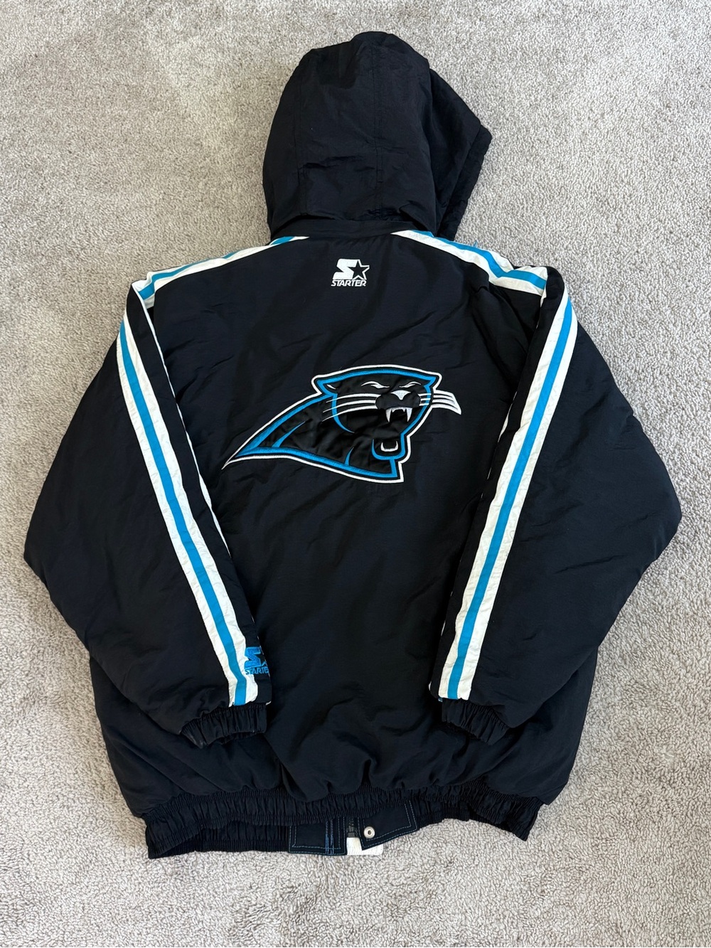 Vintage 90s Carolina Panthers Starter Jacket Hooded NFL Black Teal Large